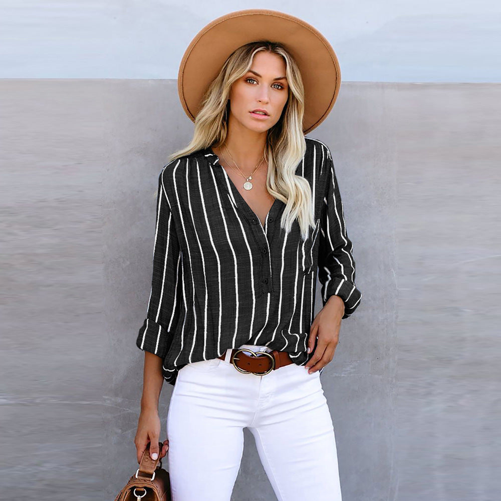 Autumn New V-Neck Ladies Striped Shirt With Loose Single Breasted Long Sleeve Blouse
