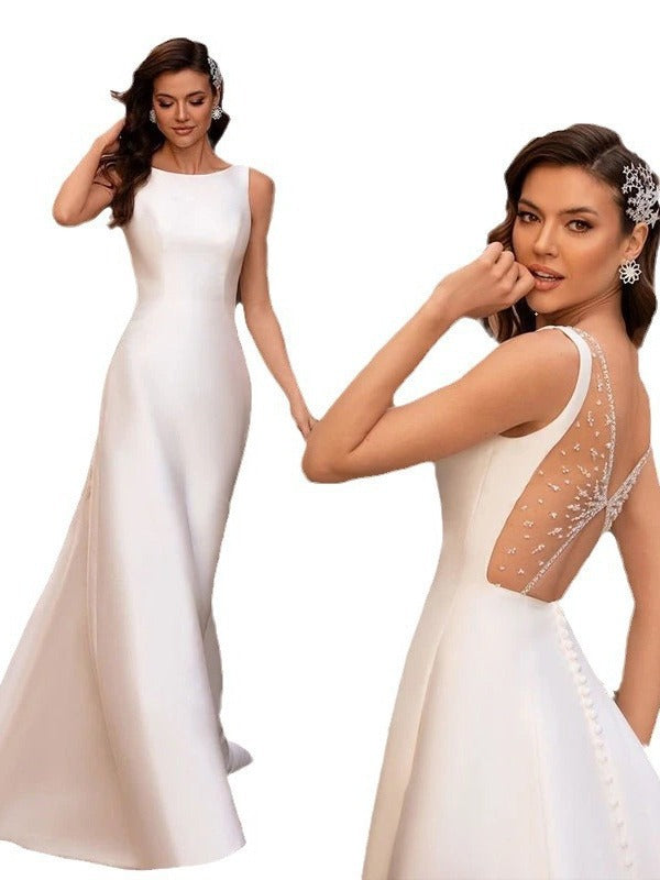 New Wedding Dress Mori Department New Bride Simple High Neck Forging Face Big Backless Small Tail Delicate