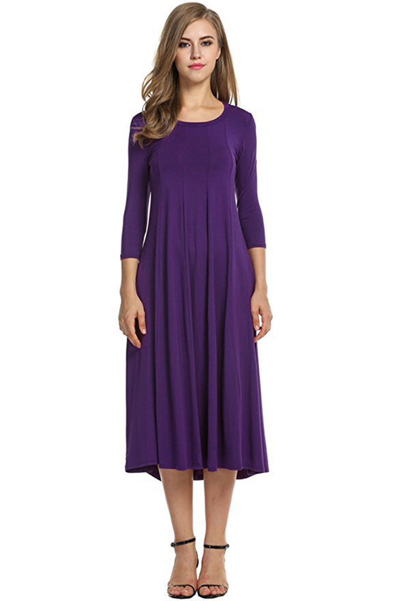 Women's Autumn And Winter New Skirt Fashion Round Neck Seven Points Sleeve Solid Color Swing Dress A Hair