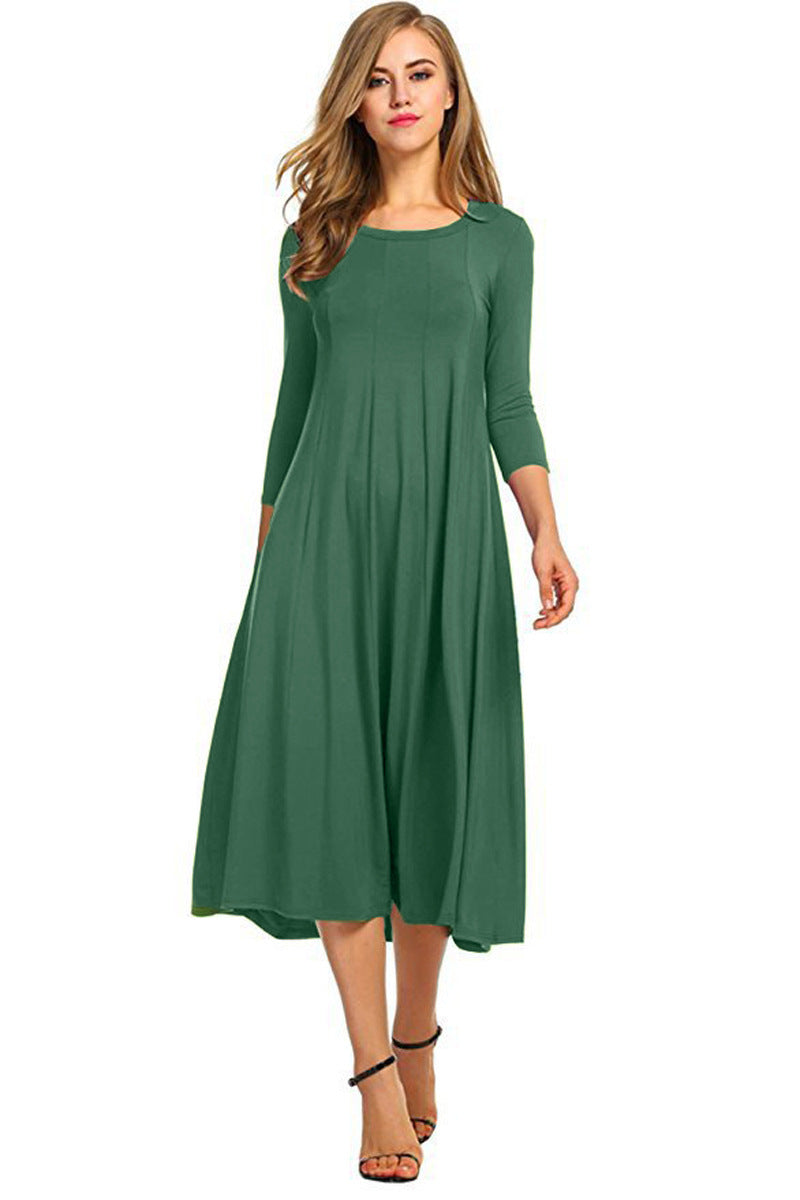 Women's Autumn And Winter New Skirt Fashion Round Neck Seven Points Sleeve Solid Color Swing Dress A Hair