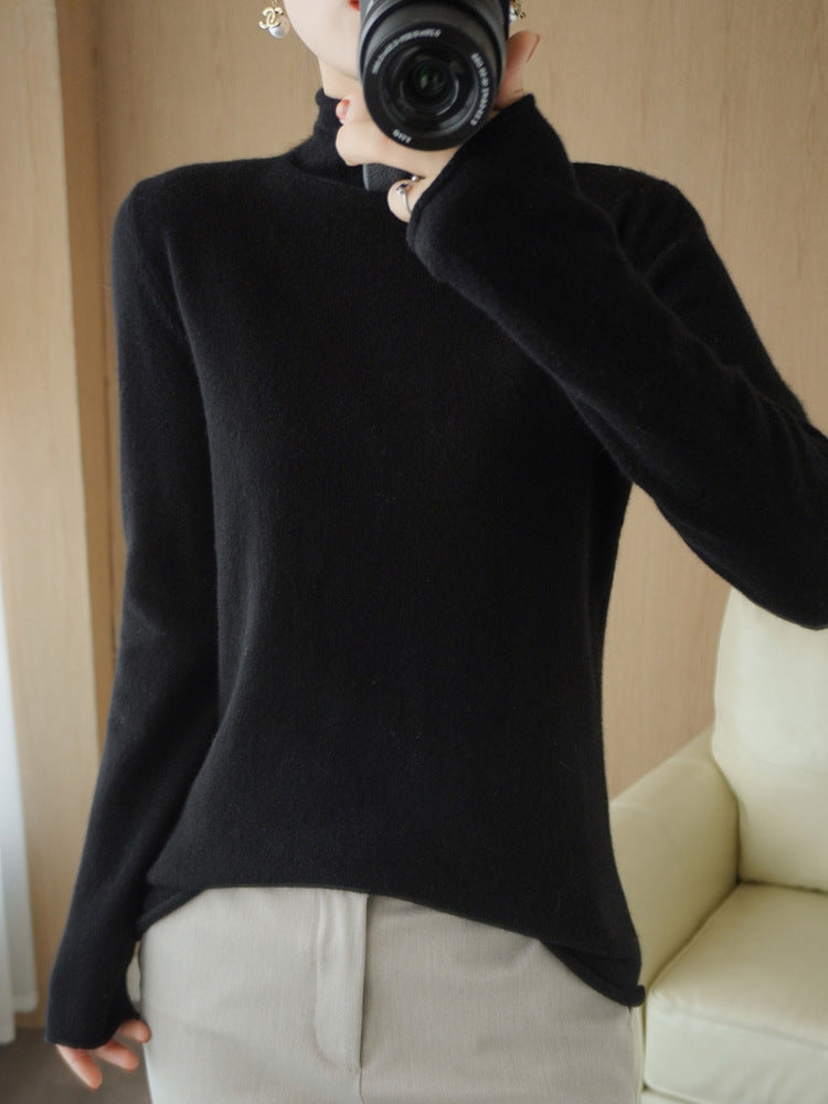 100% Pure Woolen Sweater Women Pile Collar In Autumn And Winter With Cashmere Sweater Western-Style Turtleneck Top Knitted Base