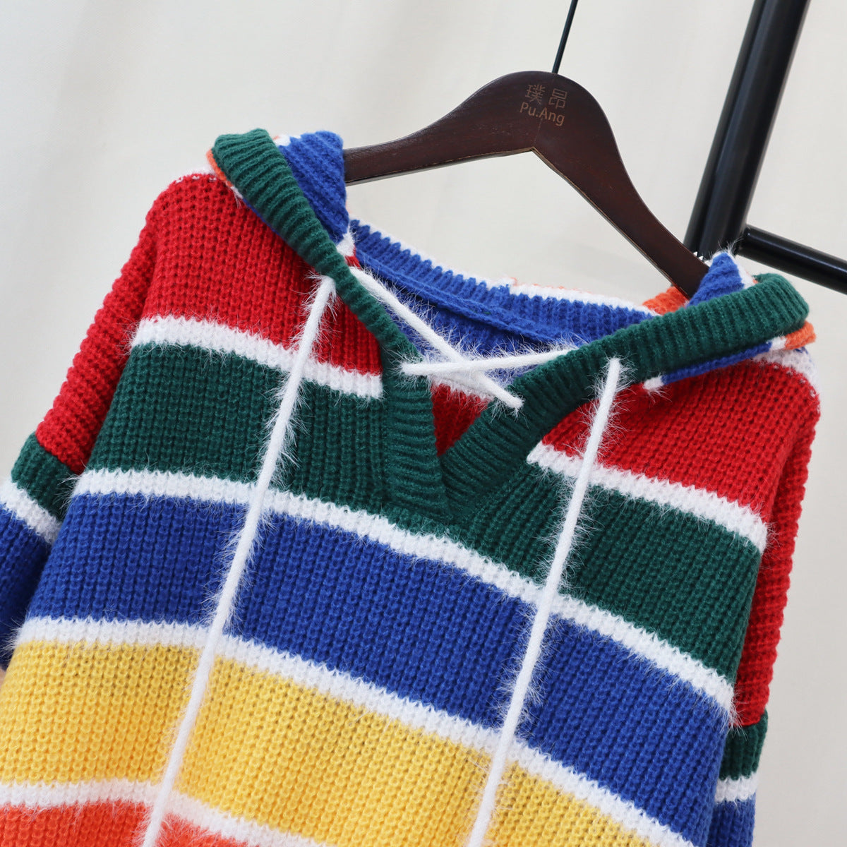 Hooded colored striped sweater top Women's new autumn and winter version of loose mid-length lazy sweater cover