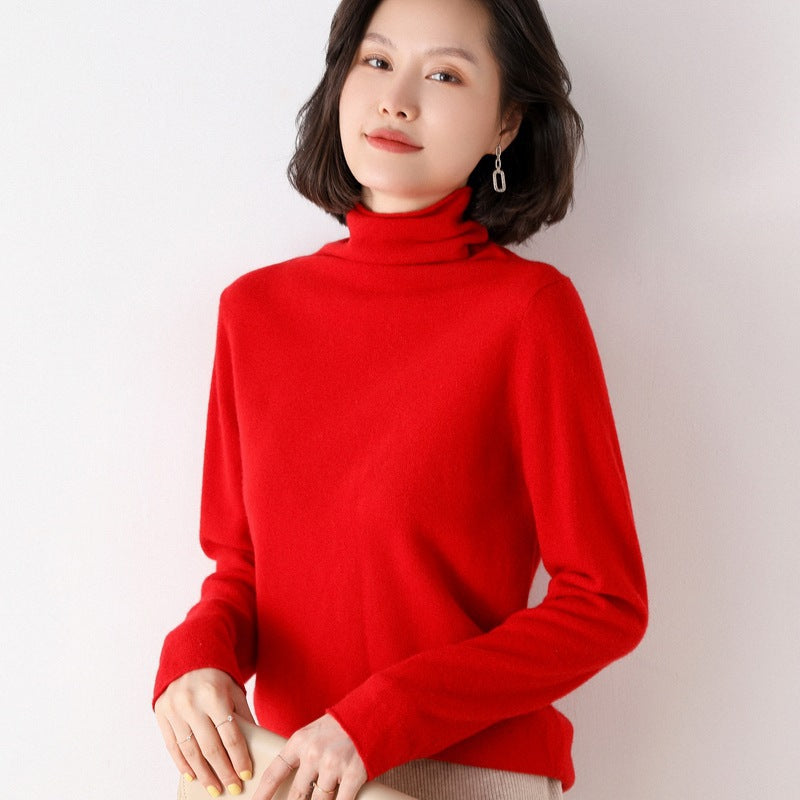 100% Pure Woolen Sweater Women Pile Collar In Autumn And Winter With Cashmere Sweater Western-Style Turtleneck Top Knitted Base