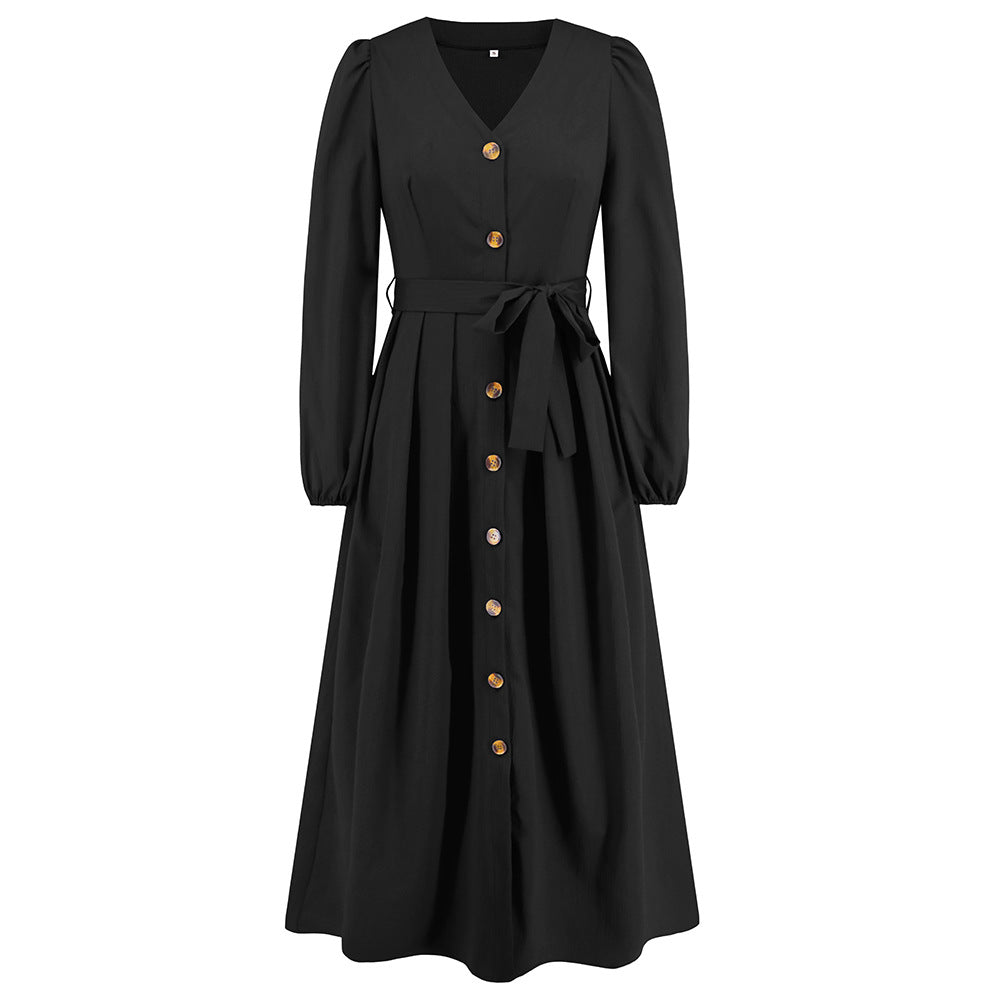 V-Neck Single-Breasted Slim-Fit Dress Plus-Size Women's Clothing
