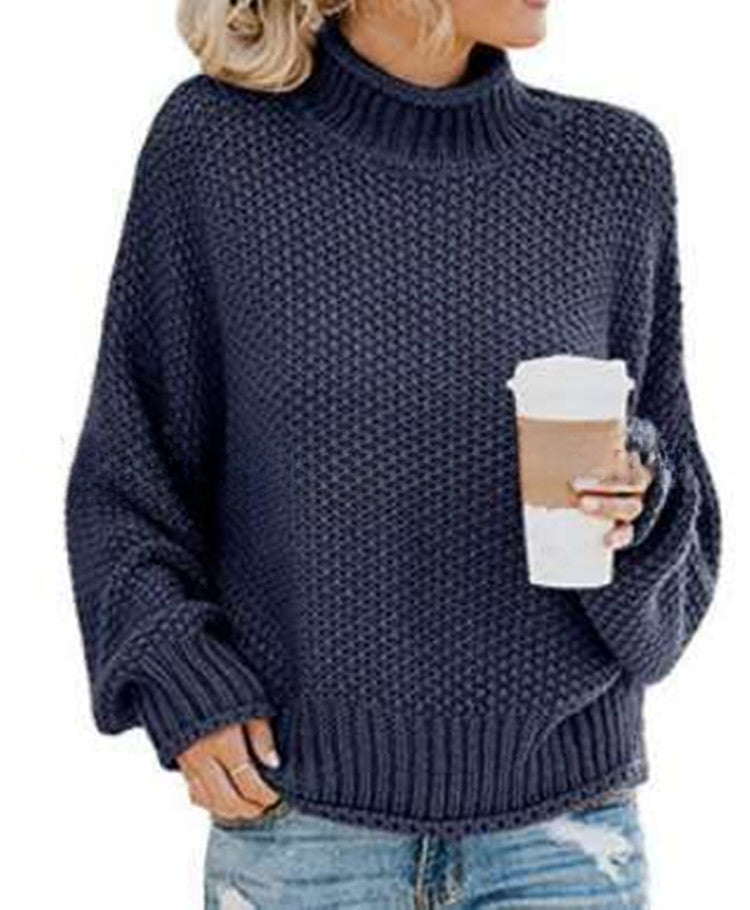 Autumn/Winter New Curled-Edge High-Neck Bat Sleeve Sweater for Women with Thick Line Detail