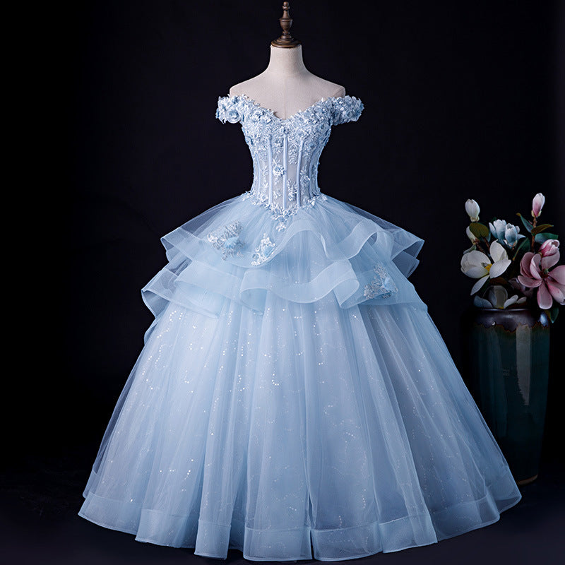 Blue Evening Gown Pommel Skirt Princess Skirt Swing Vocal Dress Bel Canto Stage Solo Ensemble Elegant Long Style