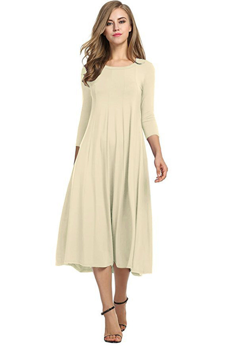 Women's Autumn And Winter New Skirt Fashion Round Neck Seven Points Sleeve Solid Color Swing Dress A Hair