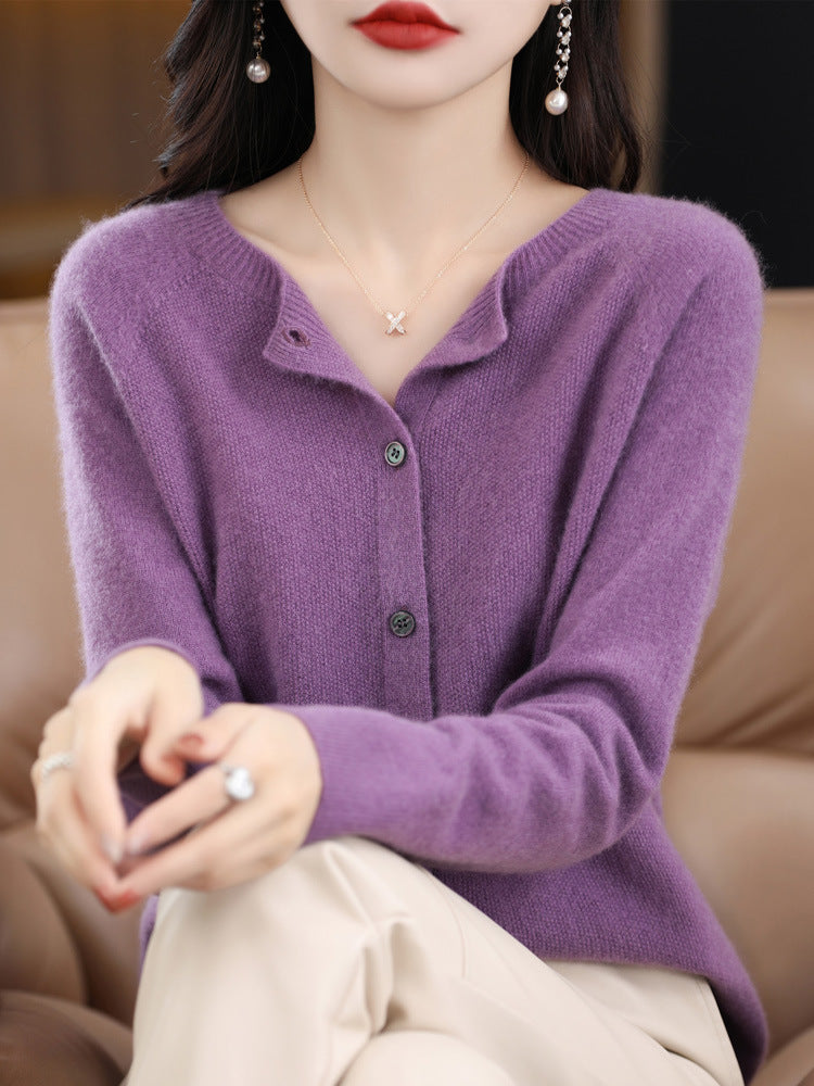 Round Neck Cashmere Cardigan Women's Knit Coat Spring And Autumn Loose Short Wool Sweater Women's 100 Pure Wool Sweater Outside