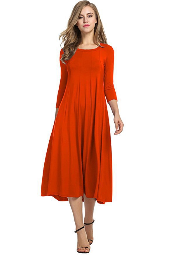 Women's Autumn And Winter New Skirt Fashion Round Neck Seven Points Sleeve Solid Color Swing Dress A Hair