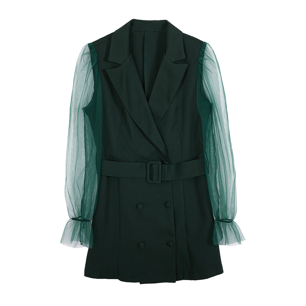 Autumn New Sexy See-Through Gauze Long Sleeve Suit Skirt Double Breasted Waist Temperament Dress