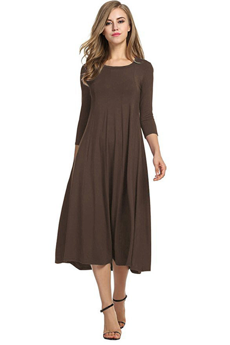 Women's Autumn And Winter New Skirt Fashion Round Neck Seven Points Sleeve Solid Color Swing Dress A Hair