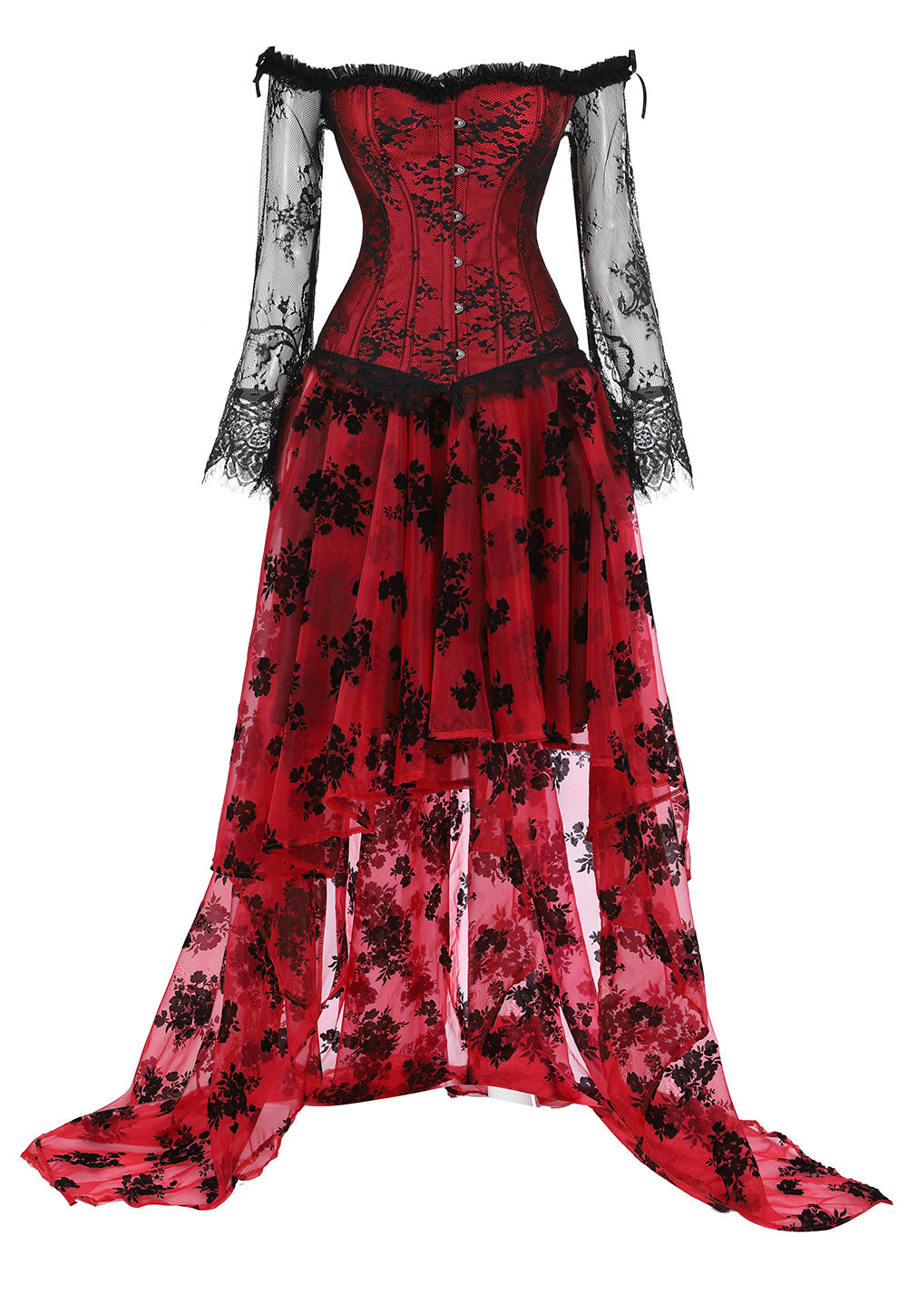 Lace Mesh Flat Shoulder Long Sleeve Floor-length Shapewear for Court Ladies Separate Suit