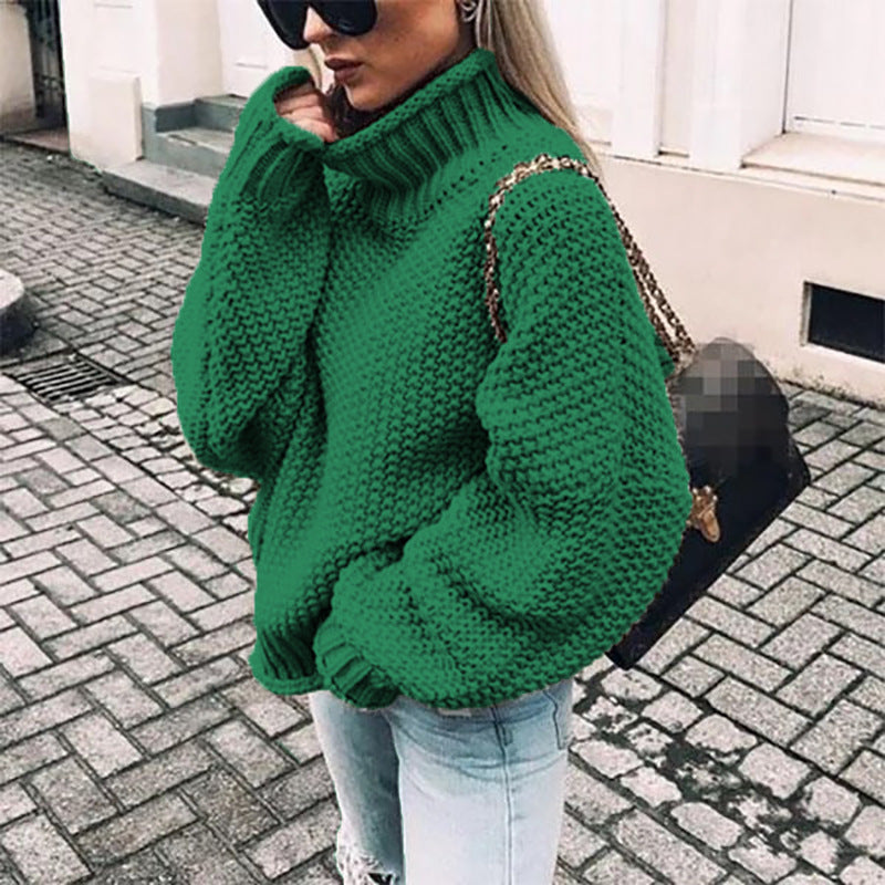 Autumn/Winter New Curled-Edge High-Neck Bat Sleeve Sweater for Women with Thick Line Detail