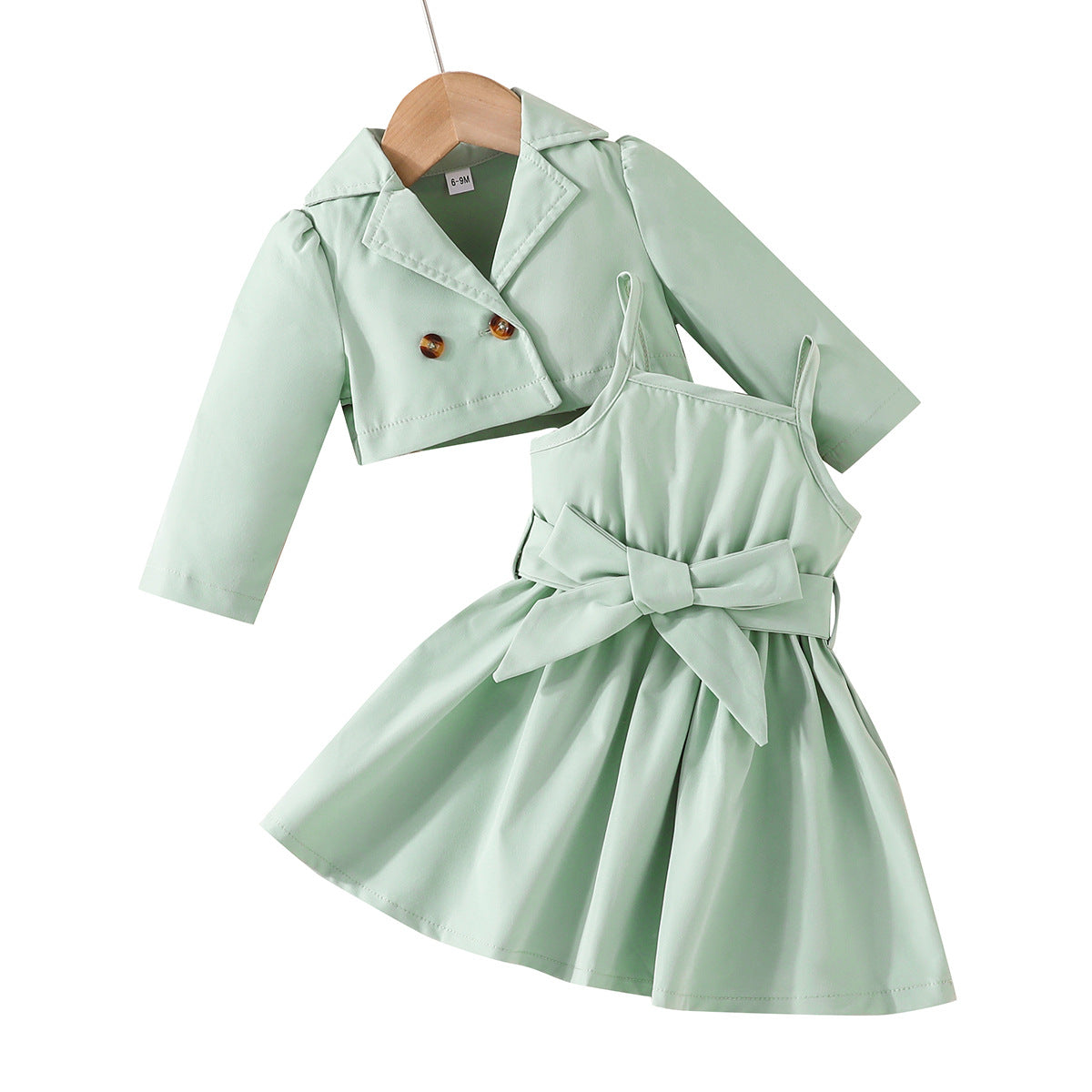Spring And Autumn Sweet Simple Girls Lapel Long Sleeve + Solid Color Slip Dress Two-Piece Set Of A Hair