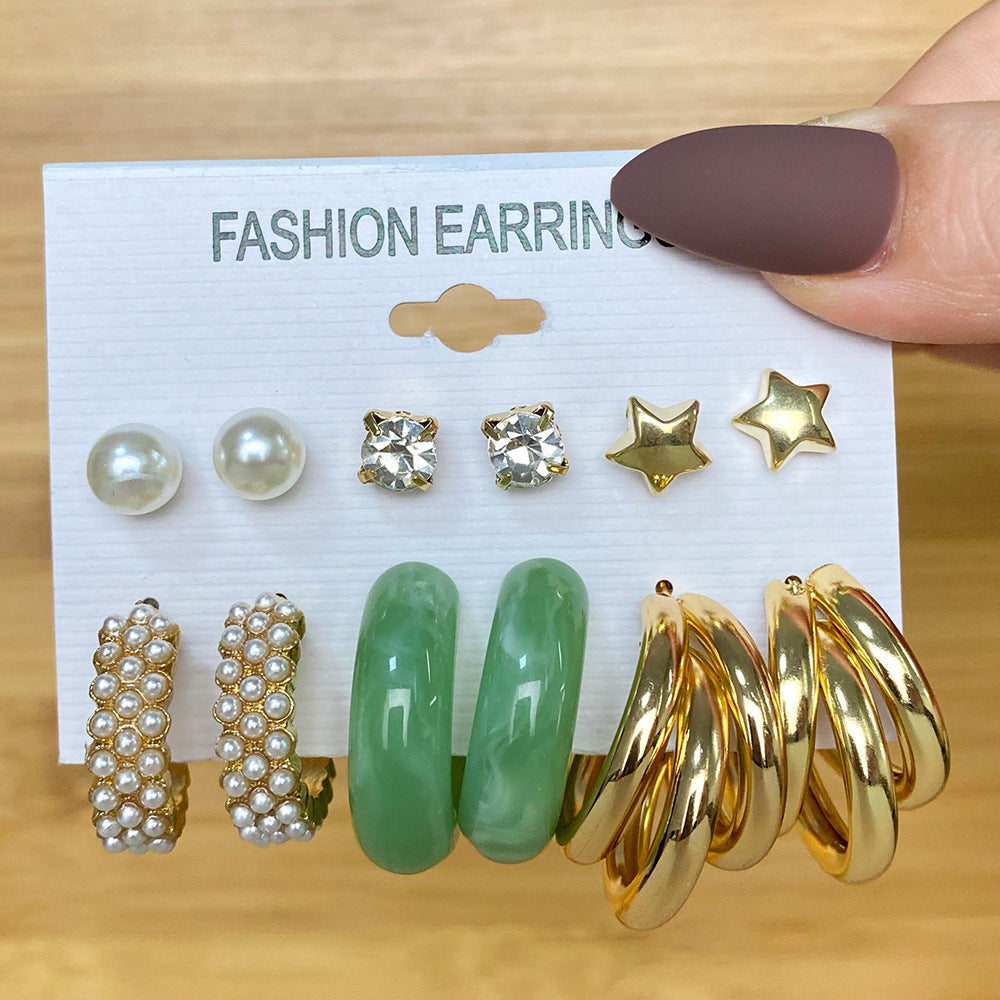 5 set New Resin Earrings Set For Women Retro Geometric Pearl Earrings 6-pairs one Set Combination