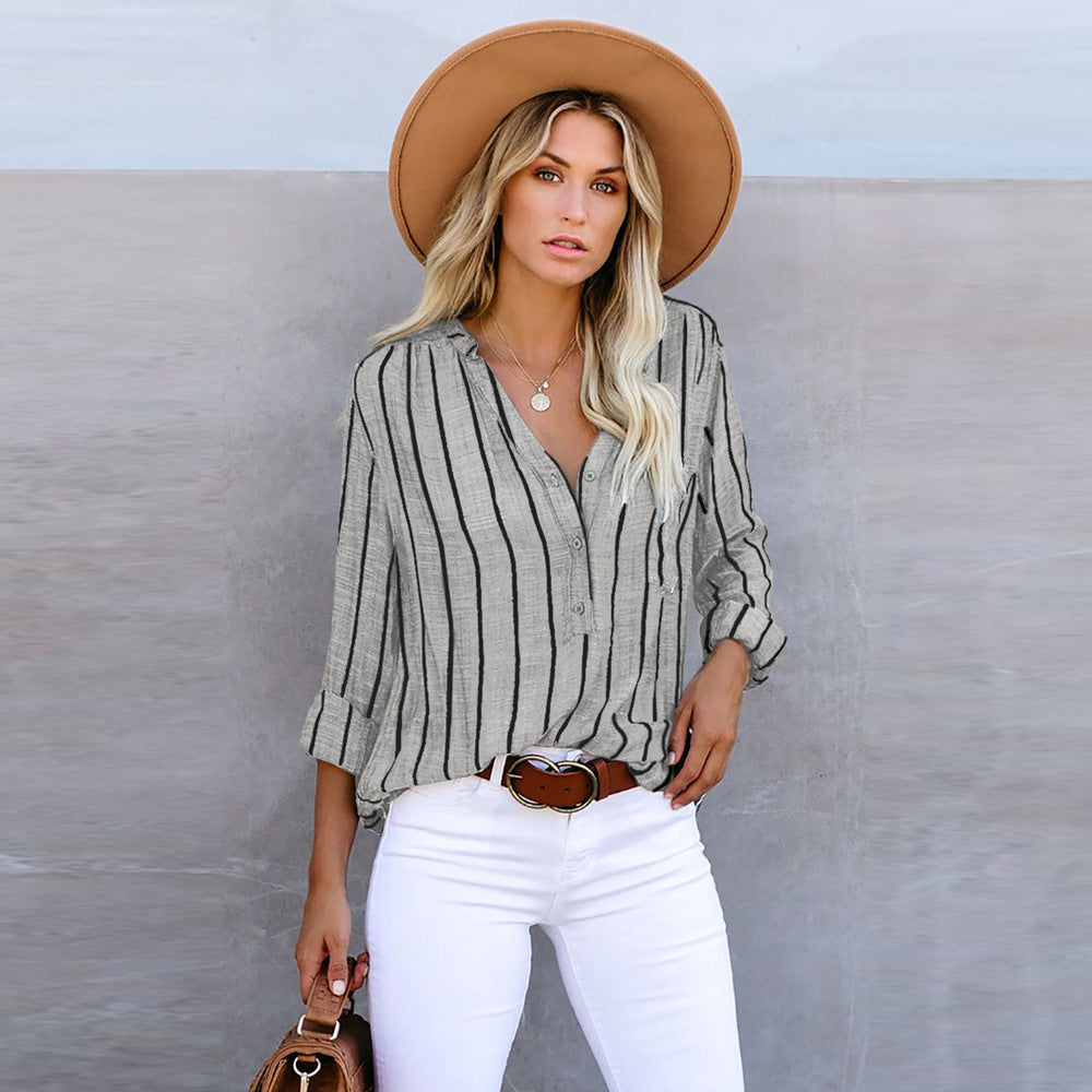 Autumn New V-Neck Ladies Striped Shirt With Loose Single Breasted Long Sleeve Blouse