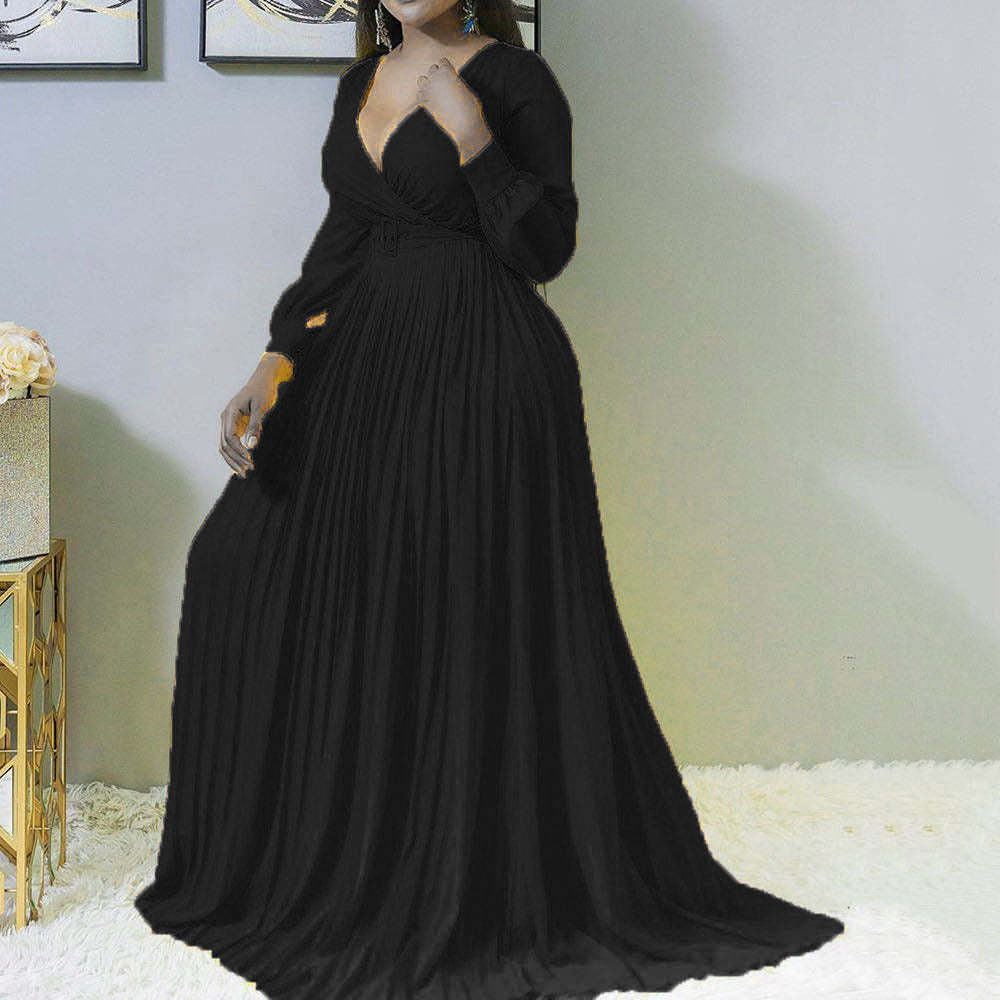 Plus-Size Women's Deep V Cross Grab Pleated Front Skirt Solid Color Pleated Big Swing Dress
