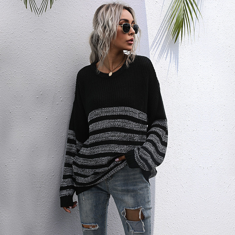 Women's Autumn Loose Striped Round Neck Long Long-Sleeved Sweater Knitwear Women