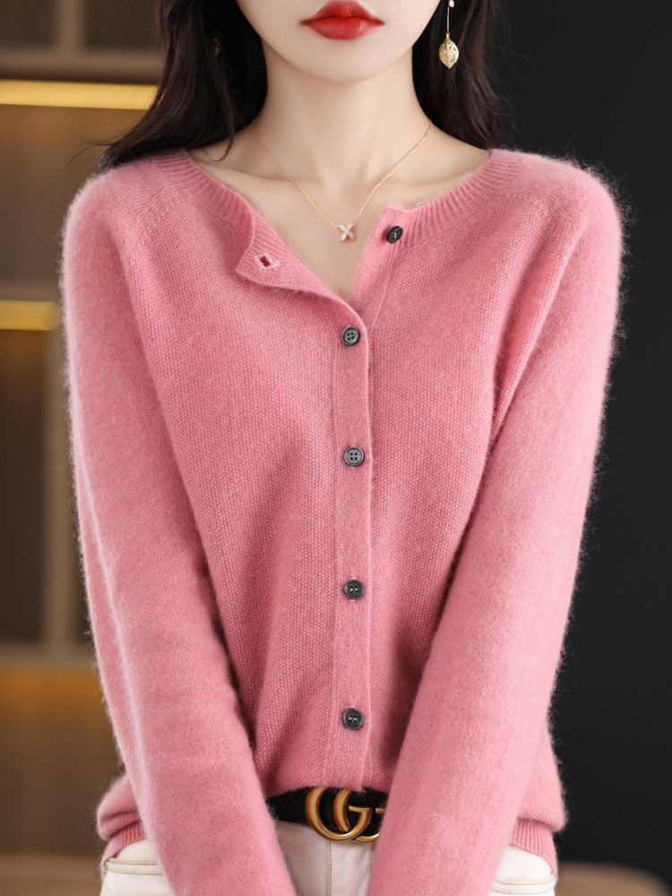 Round Neck Cashmere Cardigan Women's Knit Coat Spring And Autumn Loose Short Wool Sweater Women's 100 Pure Wool Sweater Outside
