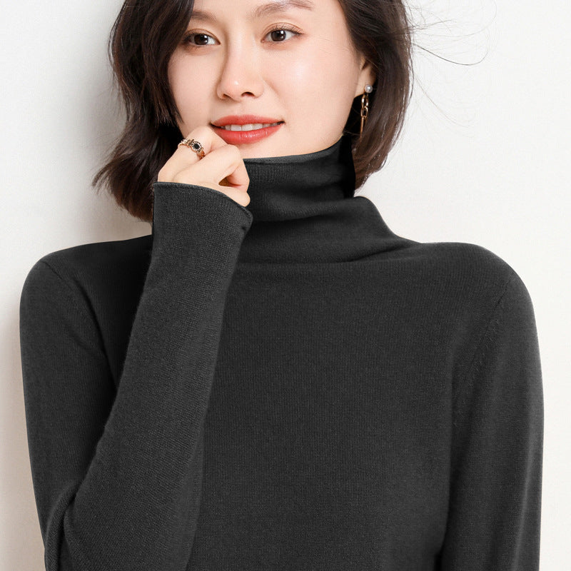 100% Pure Woolen Sweater Women Pile Collar In Autumn And Winter With Cashmere Sweater Western-Style Turtleneck Top Knitted Base
