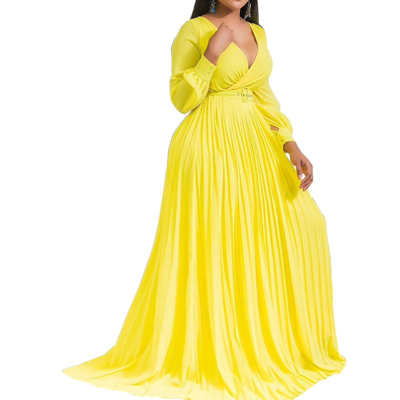 Plus-Size Women's Deep V Cross Grab Pleated Front Skirt Solid Color Pleated Big Swing Dress