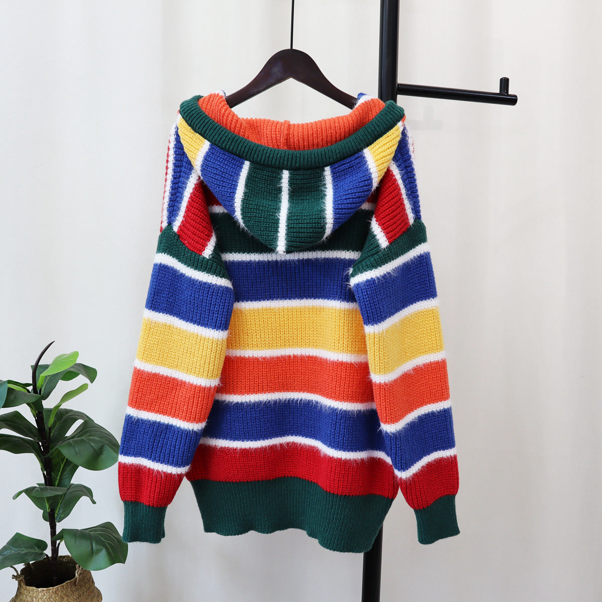 Hooded colored striped sweater top Women's new autumn and winter version of loose mid-length lazy sweater cover
