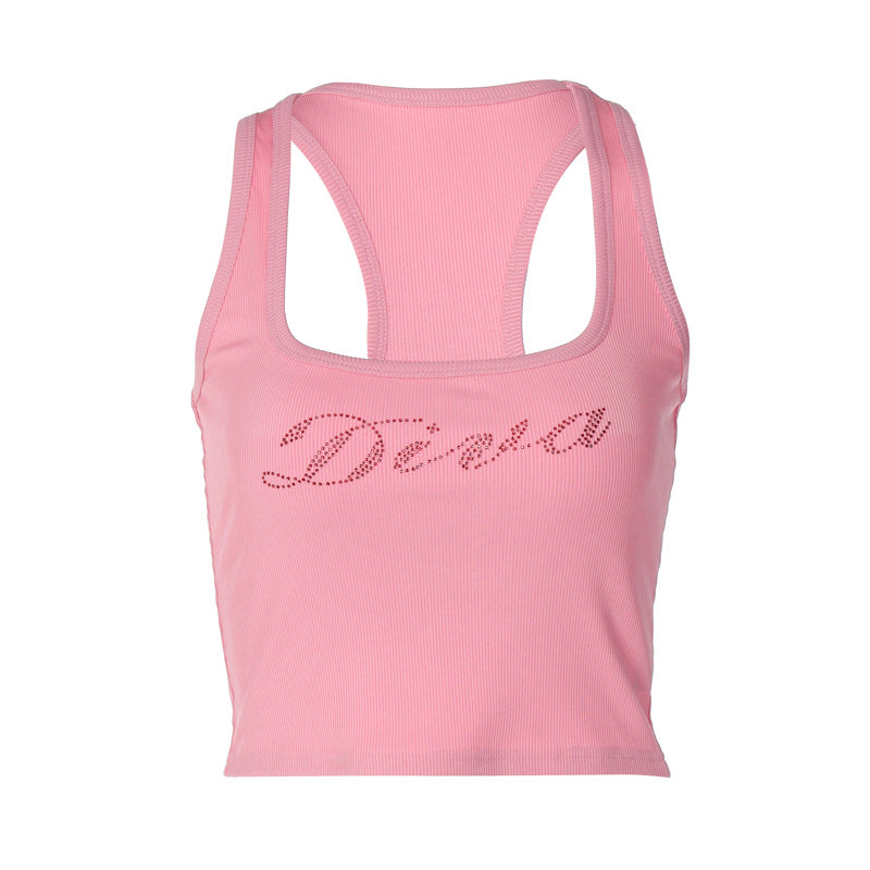 Women's Spring Fashion Sexy U-Neck Letter Drill Sleeveless Small Vest