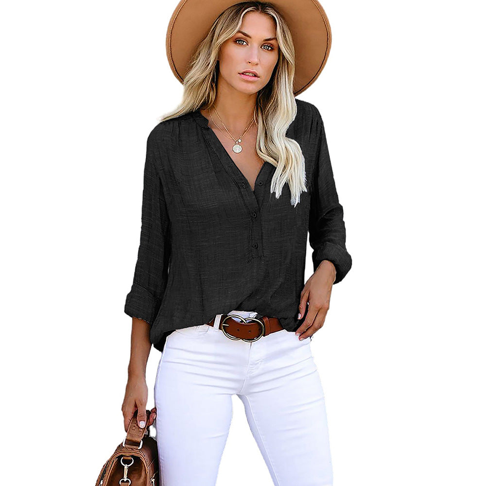 Autumn New V-Neck Ladies Striped Shirt With Loose Single Breasted Long Sleeve Blouse
