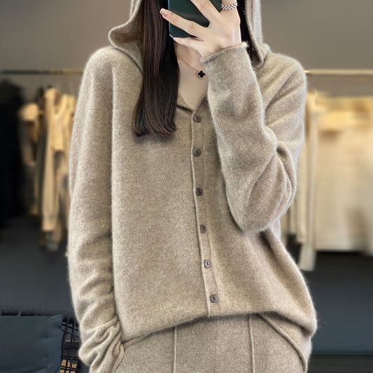 100 Pure Wool Knitwear Women's First-Line Ready-To-Wear Seamless Hooded Cardigan Cashmere Sweater Coat