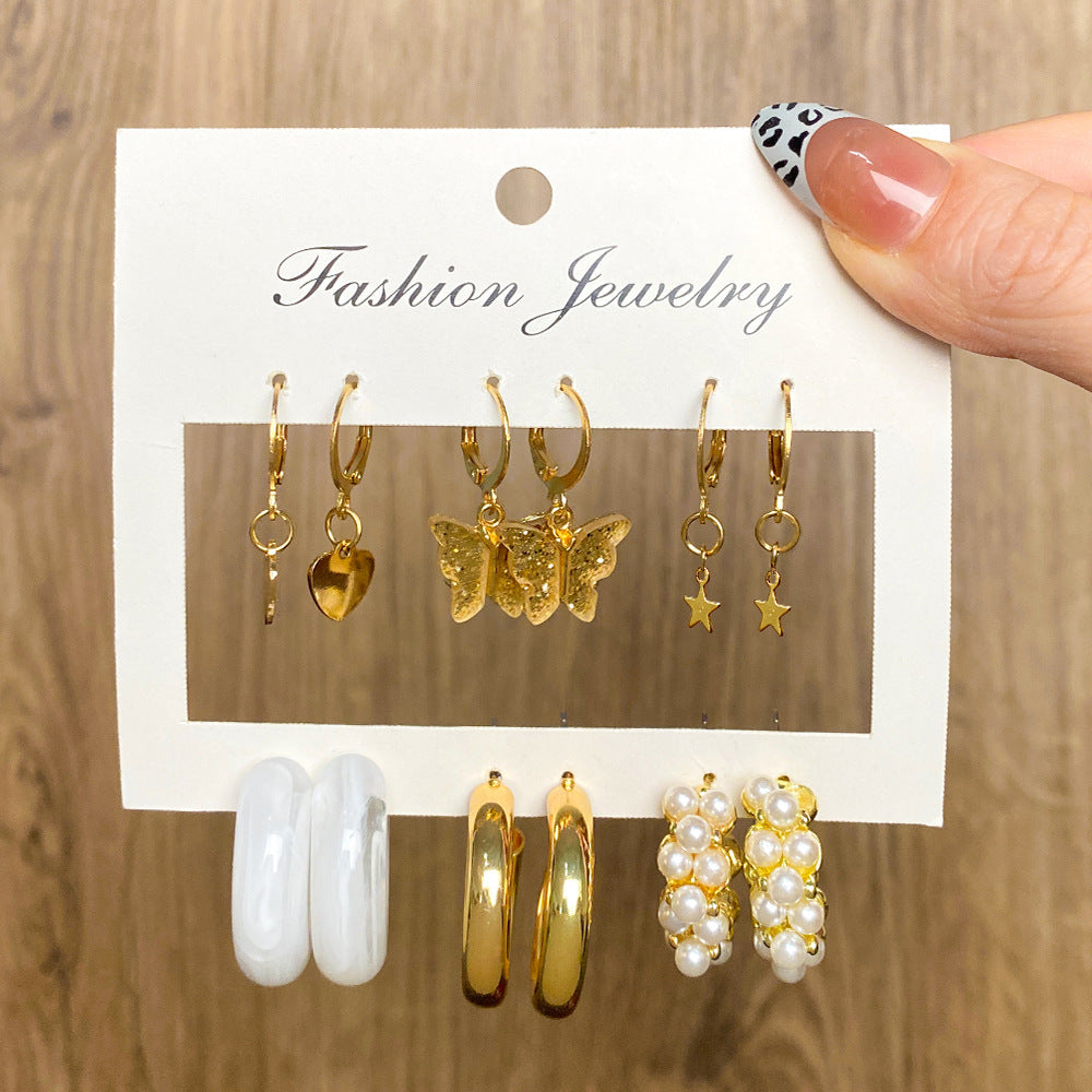 5 set New Resin Earrings Set For Women Retro Geometric Pearl Earrings 6-pairs one Set Combination