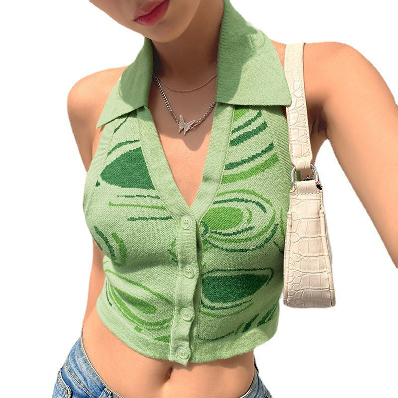 Spring Summer Irregular Pattern Halter Neck Sexy Top Halter Cardigan Sweater Back