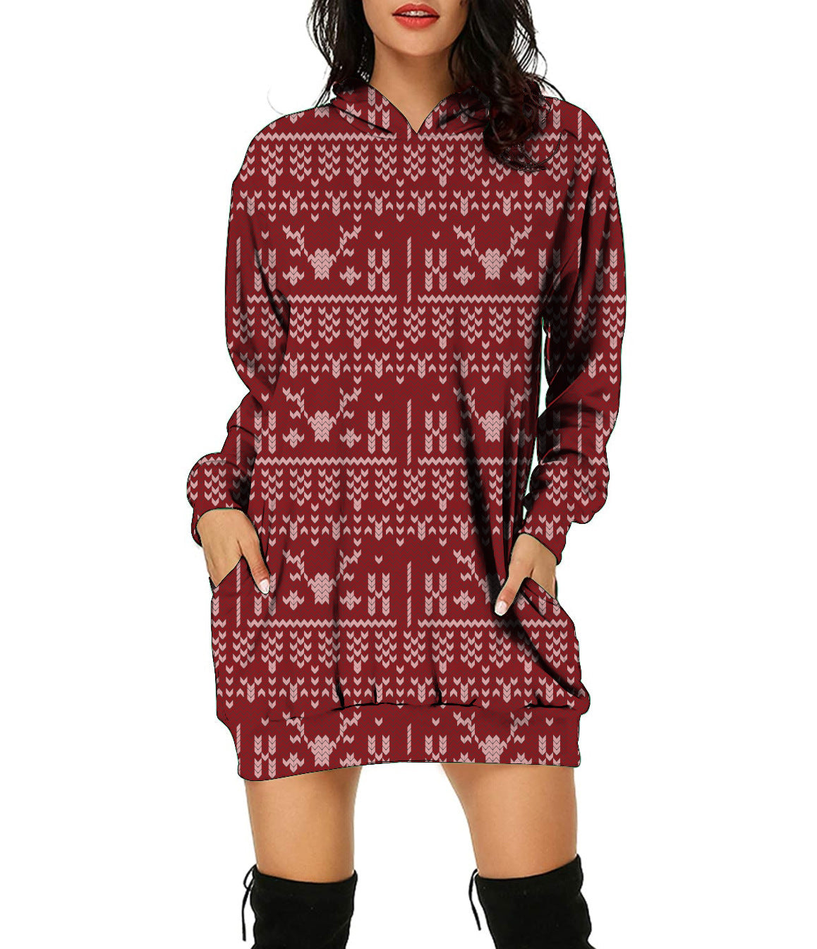 Autumn And Winter New Christmas Pattern Christmas Tree Print Hooded Jumper For Women Long-Sleeved Loose Hoodie Dress
