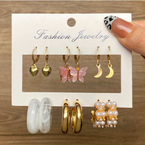 5 set New Resin Earrings Set For Women Retro Geometric Pearl Earrings 6-pairs one Set Combination