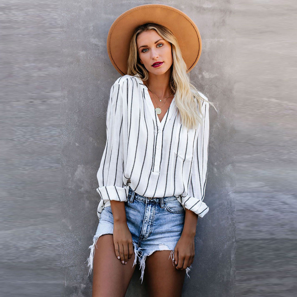 Autumn New V-Neck Ladies Striped Shirt With Loose Single Breasted Long Sleeve Blouse