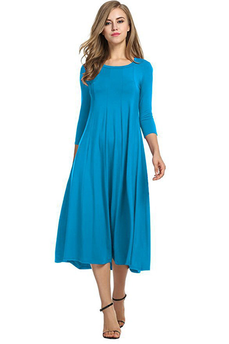 Women's Autumn And Winter New Skirt Fashion Round Neck Seven Points Sleeve Solid Color Swing Dress A Hair