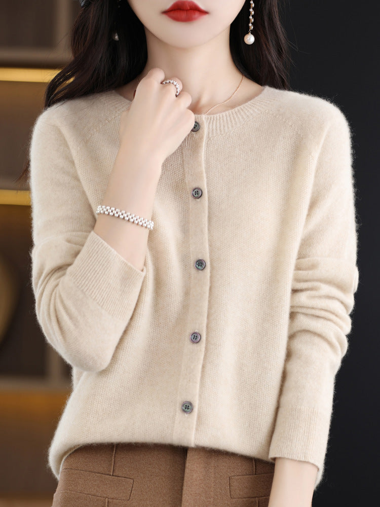 Round Neck Cashmere Cardigan Women's Knit Coat Spring And Autumn Loose Short Wool Sweater Women's 100 Pure Wool Sweater Outside