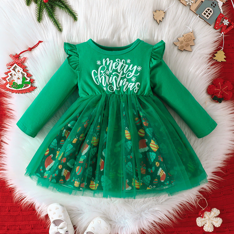 New Baby Dress Spring And Autumn Christmas Girl Letter Printed Gauze Skirt A-Line Skirt