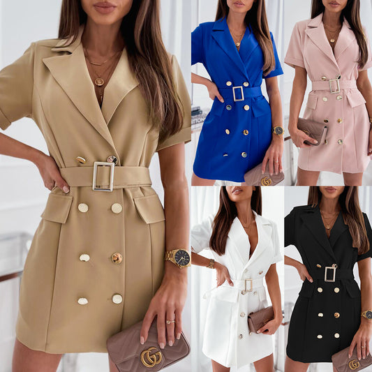 Summer double breasted lapel slim suit short sleeve dress short skirt
