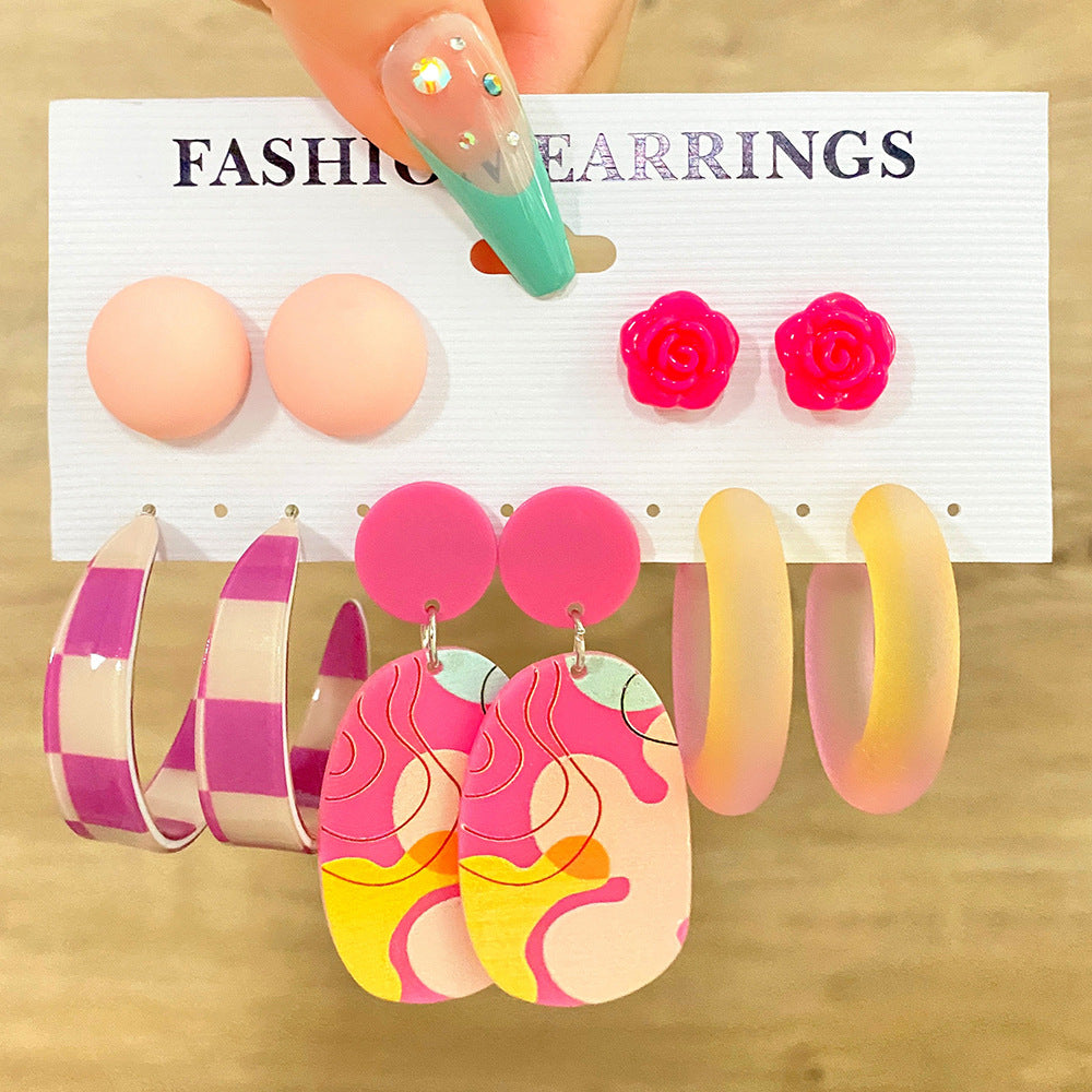 5 set New Resin Earrings Set For Women Retro Geometric Pearl Earrings 6-pairs one Set Combination