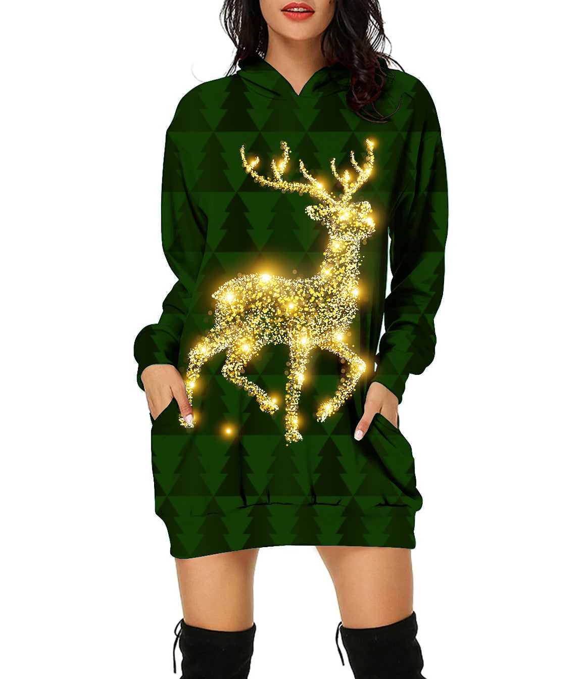 Autumn And Winter New Christmas Pattern Christmas Tree Print Hooded Jumper For Women Long-Sleeved Loose Hoodie Dress