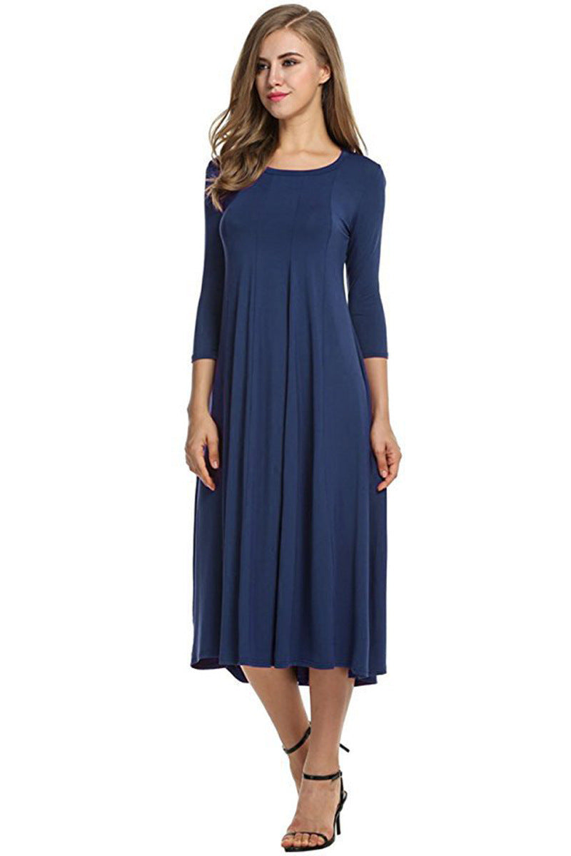 Women's Autumn And Winter New Skirt Fashion Round Neck Seven Points Sleeve Solid Color Swing Dress A Hair