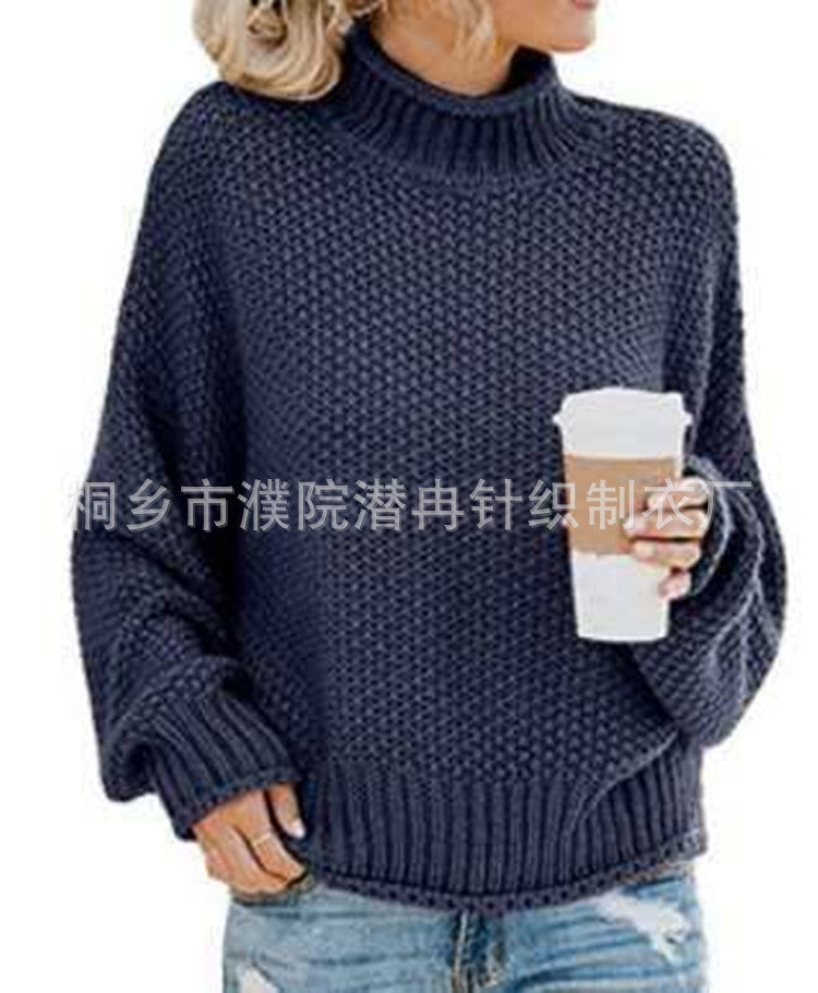 Autumn/Winter New Curled-Edge High-Neck Bat Sleeve Sweater for Women with Thick Line Detail