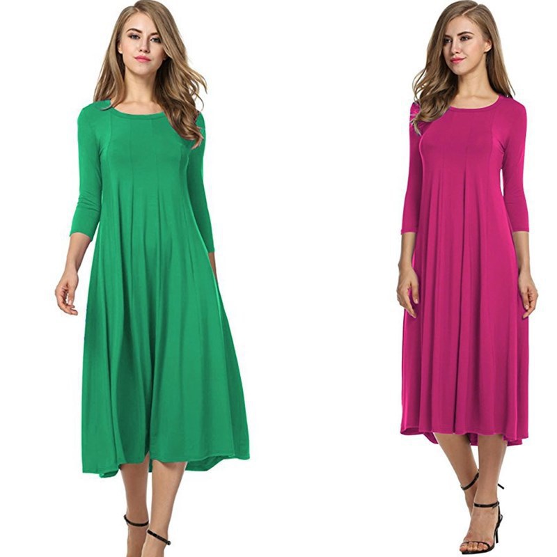Women's Autumn And Winter New Skirt Fashion Round Neck Seven Points Sleeve Solid Color Swing Dress A Hair