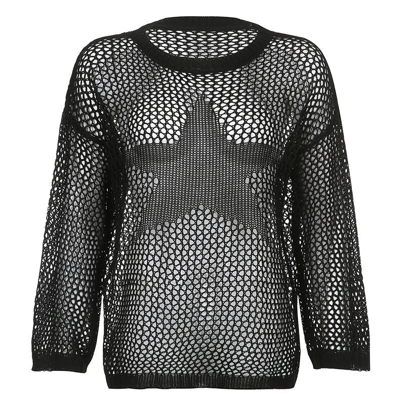 Lazy Wind Stars Loose Long-Sleeved Sweater Women's Sexy Hollow Through Pure Color Thin Woolen Woven Smock