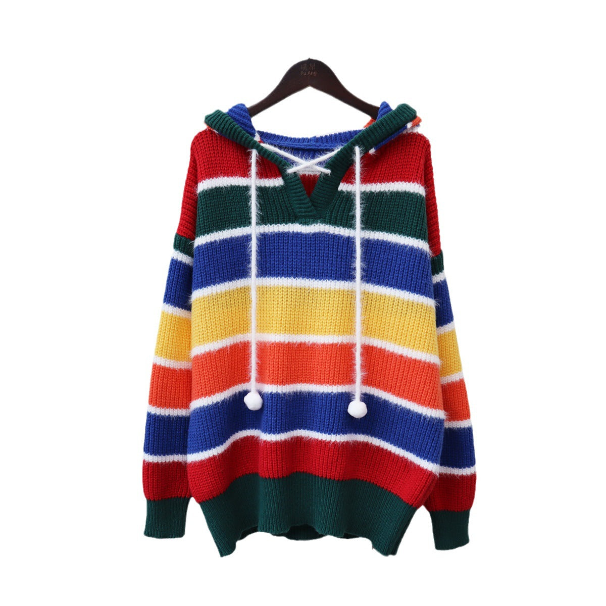 Hooded colored striped sweater top Women's new autumn and winter version of loose mid-length lazy sweater cover