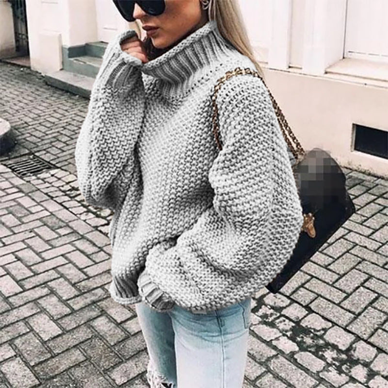 Autumn/Winter New Curled-Edge High-Neck Bat Sleeve Sweater for Women with Thick Line Detail