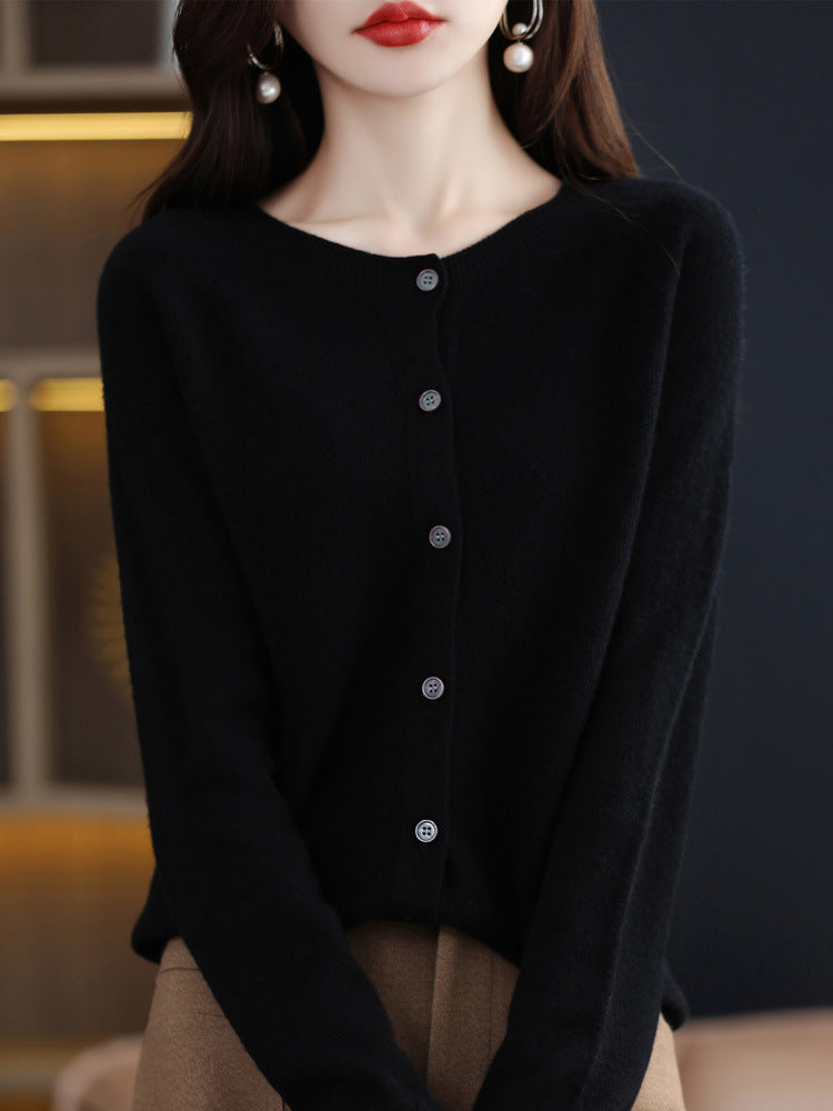Round Neck Cashmere Cardigan Women's Knit Coat Spring And Autumn Loose Short Wool Sweater Women's 100 Pure Wool Sweater Outside