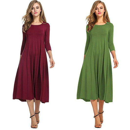 Women's Autumn And Winter New Skirt Fashion Round Neck Seven Points Sleeve Solid Color Swing Dress A Hair