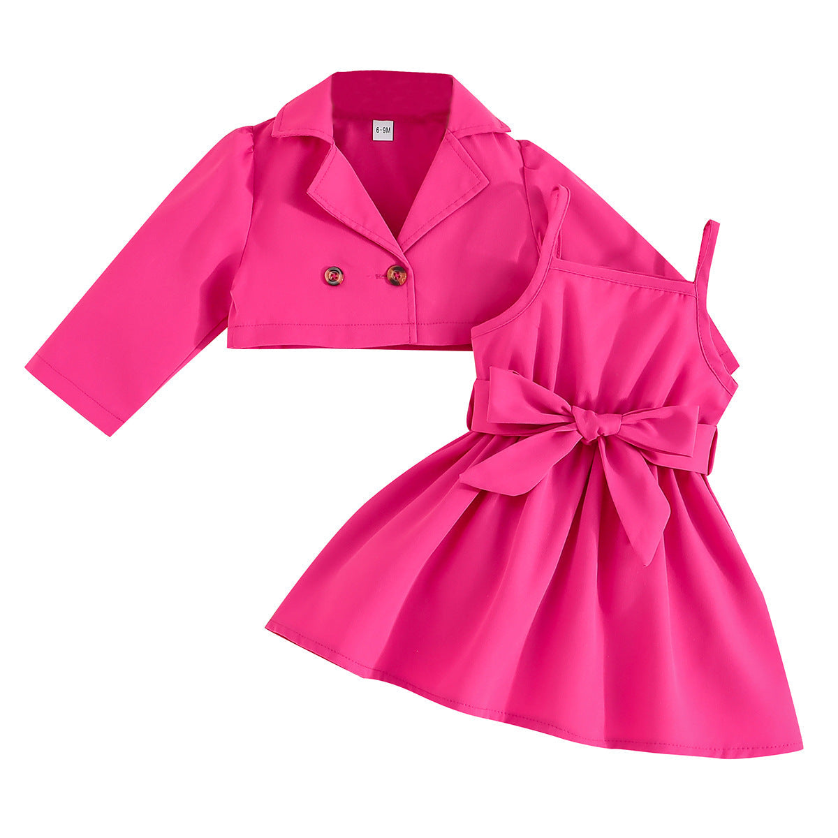Spring And Autumn Sweet Simple Girls Lapel Long Sleeve + Solid Color Slip Dress Two-Piece Set Of A Hair