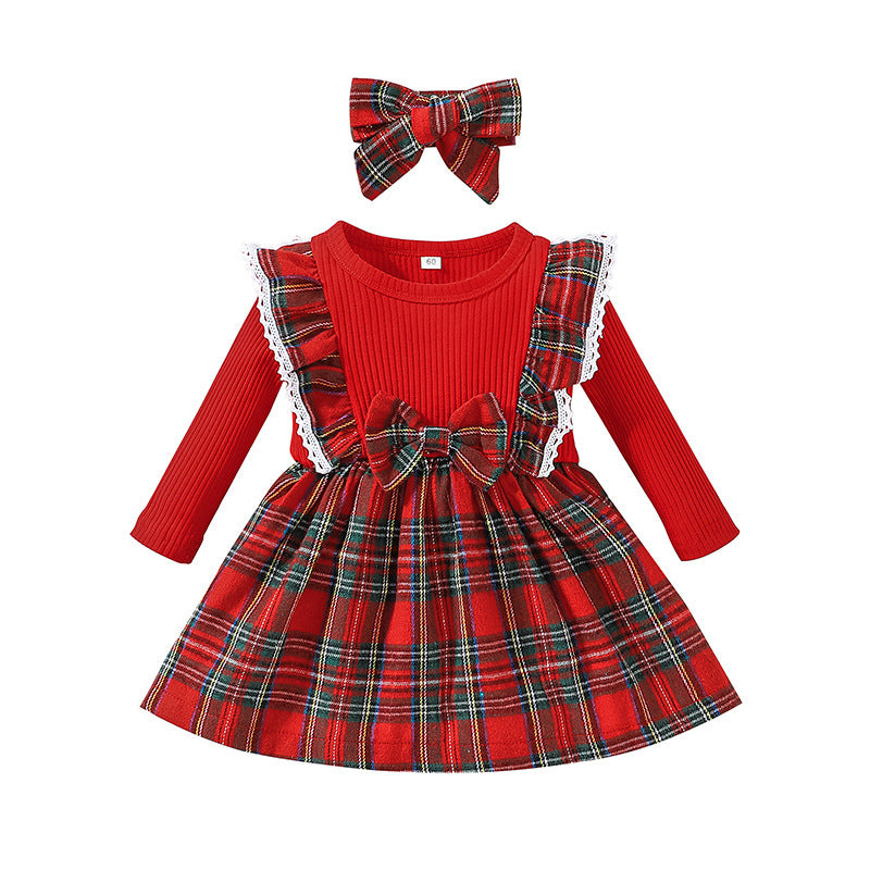 Girls' Long-Sleeved Dress Autumn Winter Children's Christmas Plaid Skirt Baby Baby Red Skirt A-Line Skirt